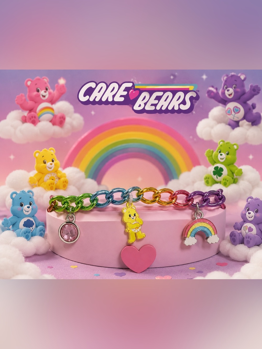 NWT Care Bears Charm Bracelet Yellow Bear Pink Bear Rainbow Pink Rhinestones